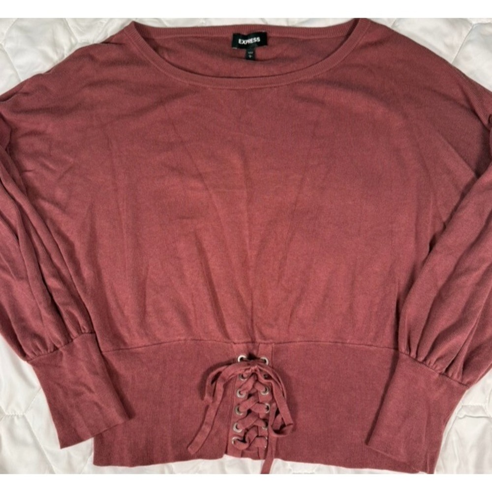 Express Womens Large Balloon Sleeves Lace Up Waist Scoop Neck Rose Color Sweater
